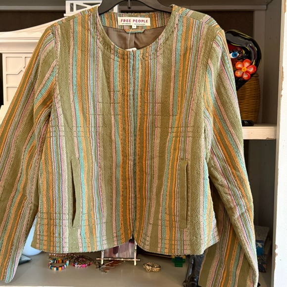 Free People M Medium Zandi woven quilted boxy cropped jacket multi stripe nwt - Picture 6 of 8